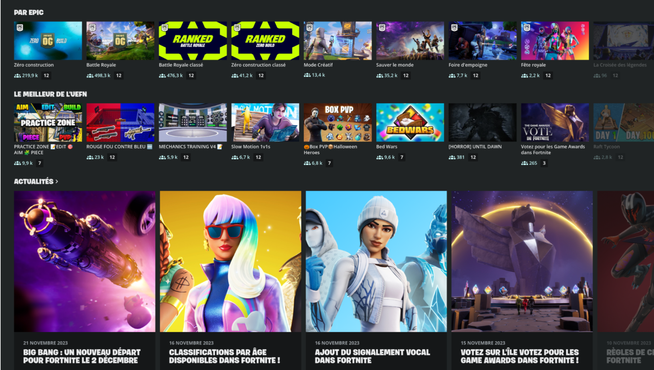 Page des jeux dans Fortnite